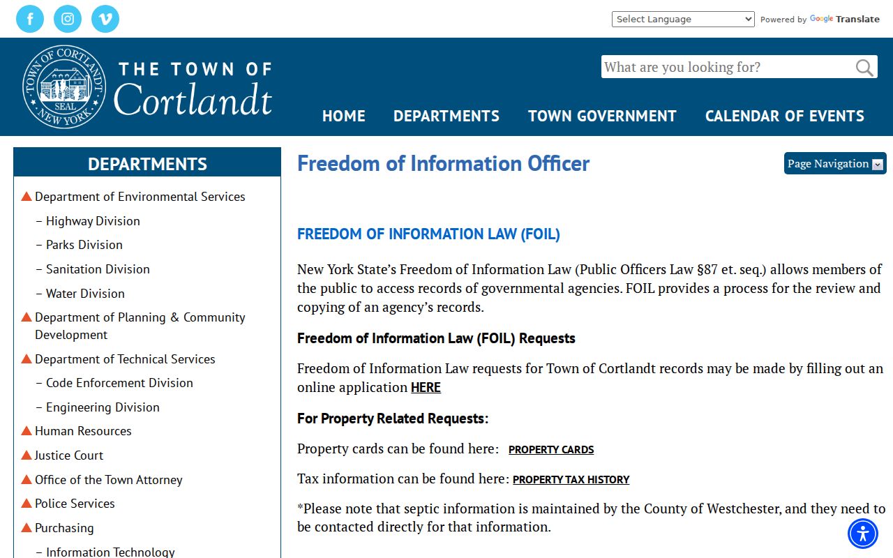 Cortlandt residents directory Town FOIL and property record routing