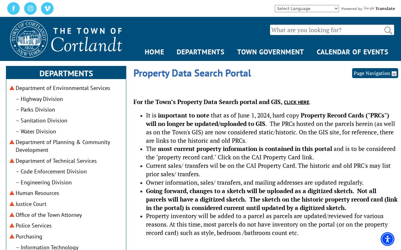 Cortlandt residents directory Town Property Data Search instructions