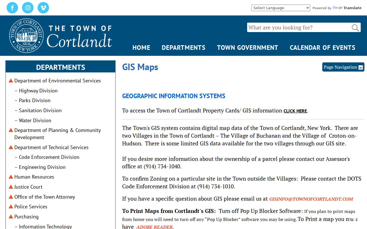 Cortlandt street directory Town GIS maps and WebGIS access